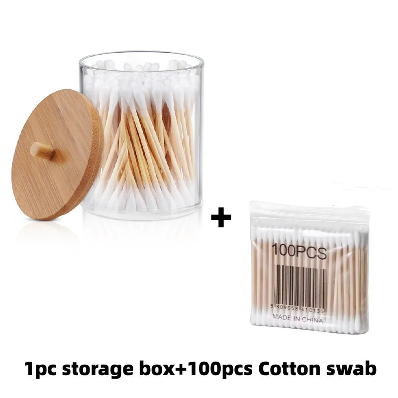 Porta Cotonetes com Tampa de Bambu – Dispenser de Acrílico para Banheiro