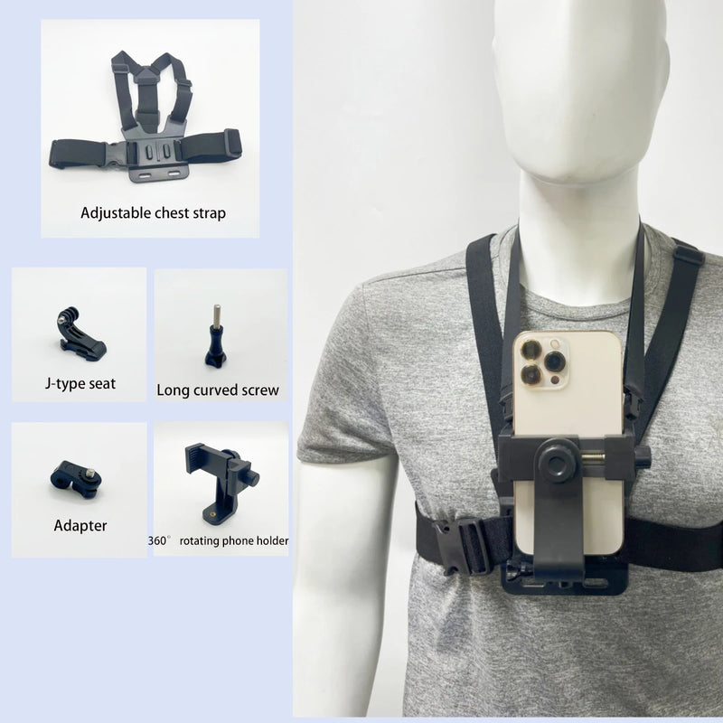 Suporte de Peito para Celular e Câmera de Ação – Ajustável, Confortável e Compatível com Diversas Marcas