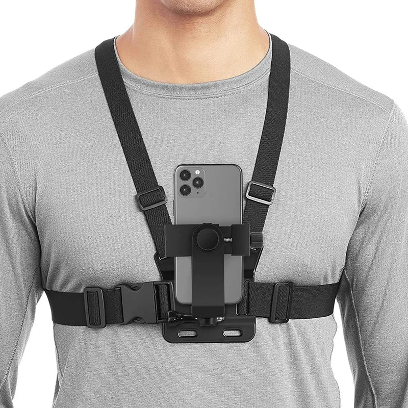 Suporte de Peito para Celular e Câmera de Ação – Ajustável, Confortável e Compatível com Diversas Marcas