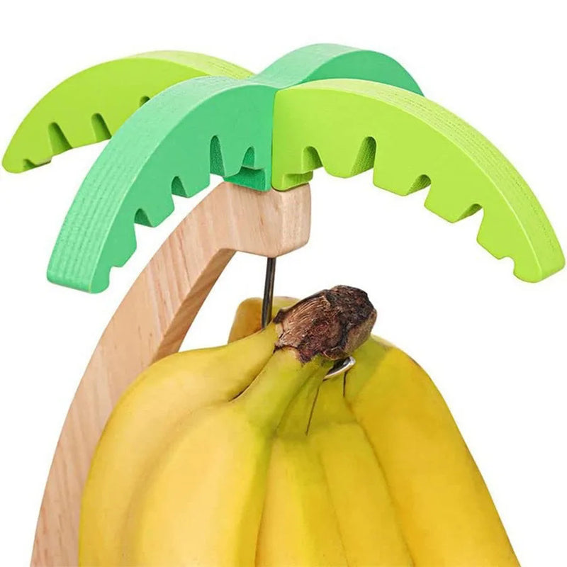Suporte de Madeira para Bananas com Folha Decorativa | Organizador de Frutas Vertical