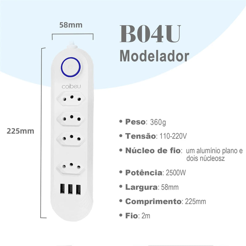 Extensão Elétrica 2M com USB – Torre Retrátil de Tomadas Padrão Brasil