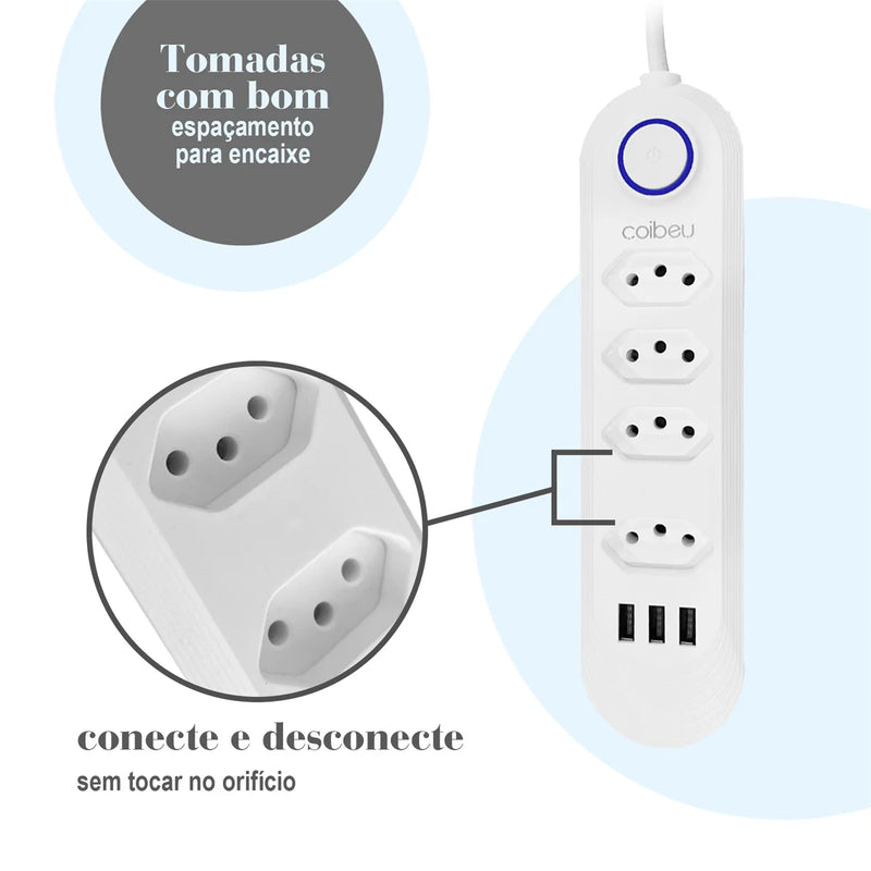 Extensão Elétrica 2M com USB – Torre Retrátil de Tomadas Padrão Brasil