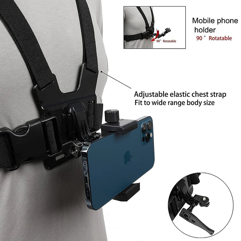 Suporte de Peito para Celular e Câmeras de Ação – Mãos Livres | iPhone, Xiaomi, Samsung, GoPro