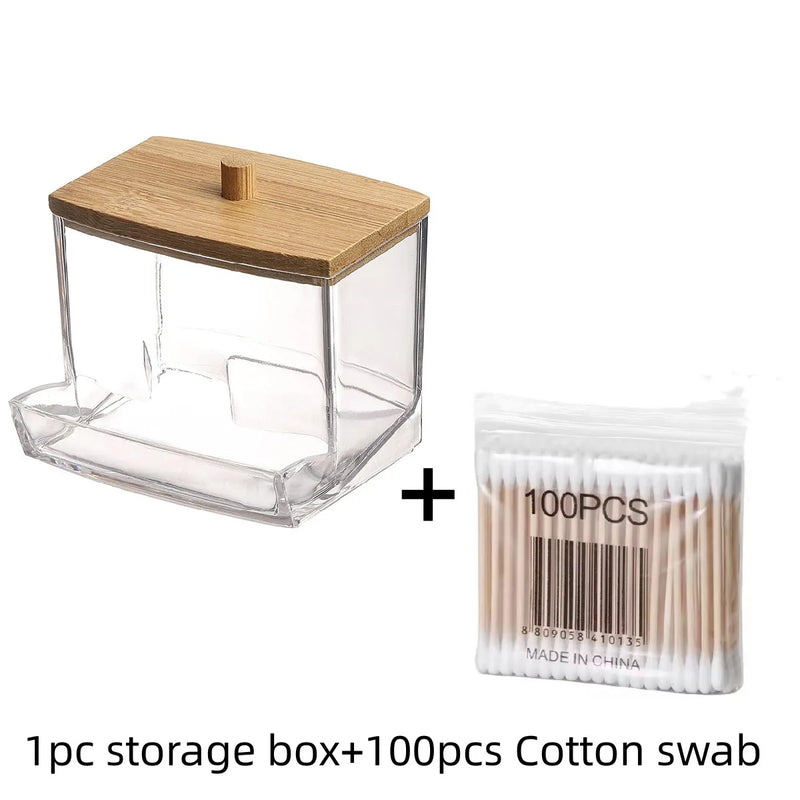 Porta Cotonetes com Tampa de Bambu – Dispenser de Acrílico para Banheiro