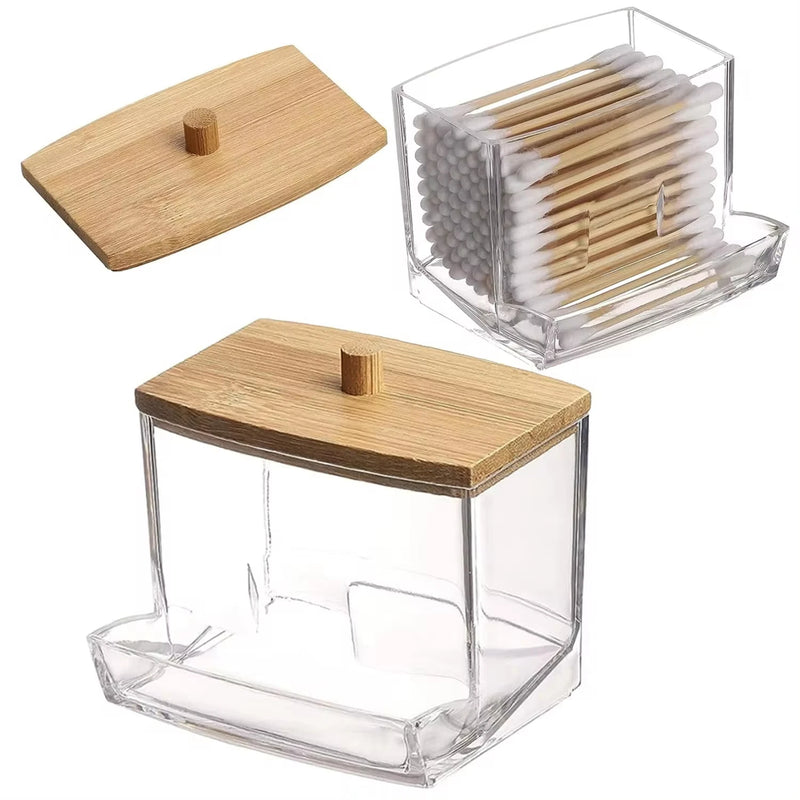 Porta Cotonetes com Tampa de Bambu – Dispenser de Acrílico para Banheiro